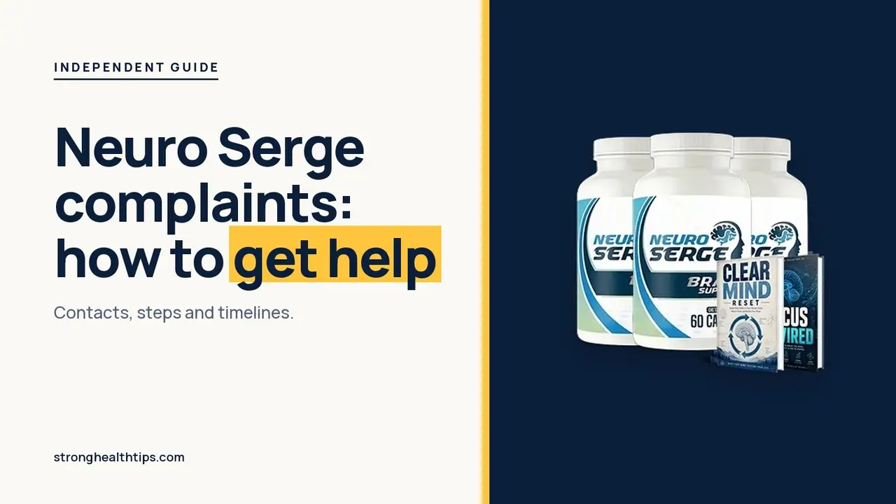 Neuro Serge complaints: headline beside the three-bottle Neuro Serge package on a navy panel with a yellow edge