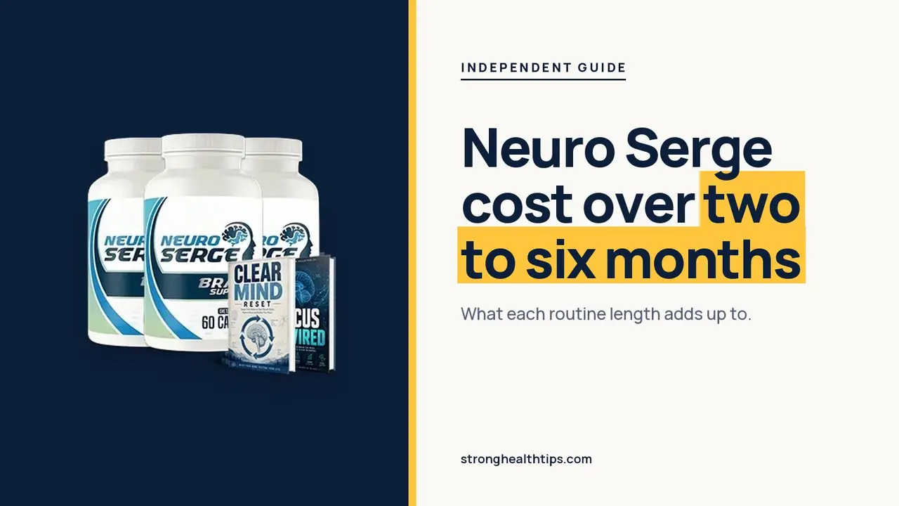 Neuro Serge cost: headline beside the three-bottle Neuro Serge package on warm white with a hairline frame