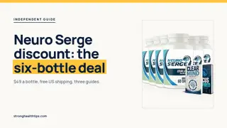 Neuro Serge discount: headline beside the six-bottle Neuro Serge package on a navy panel with a yellow edge