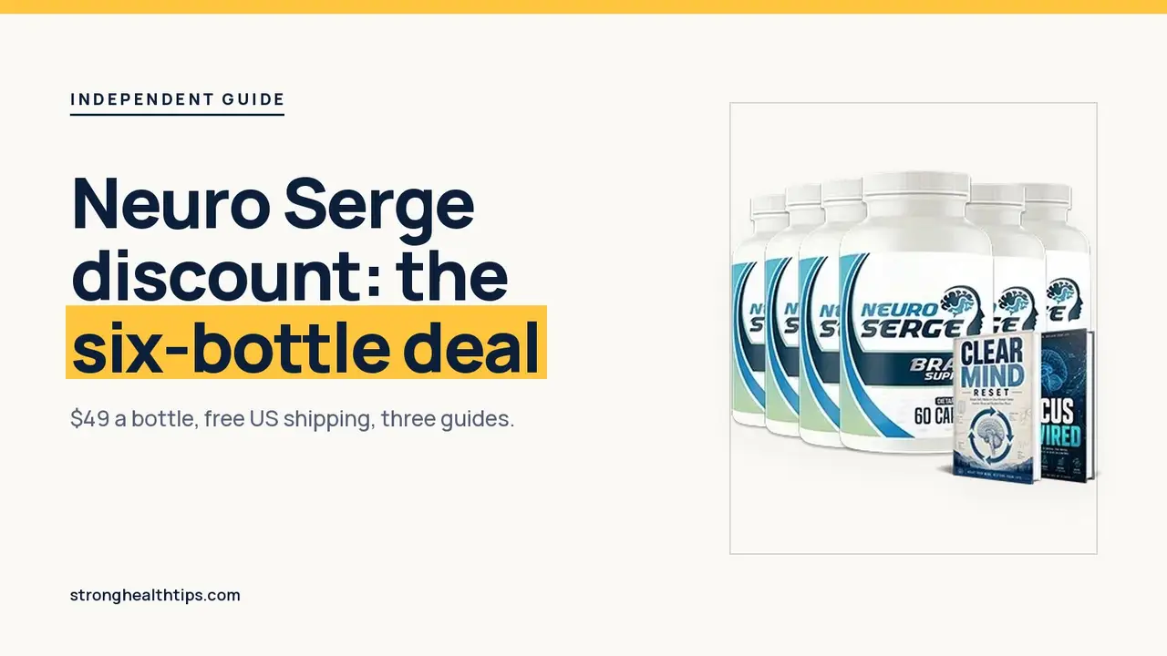Neuro Serge discount: headline beside the six-bottle Neuro Serge package on a navy panel with a yellow edge