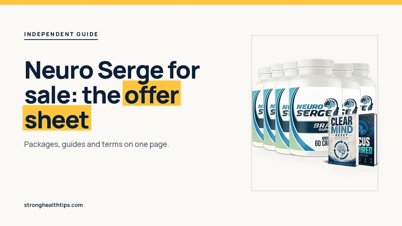 Neuro Serge for sale: headline beside the six-bottle Neuro Serge package on a navy panel with a yellow edge