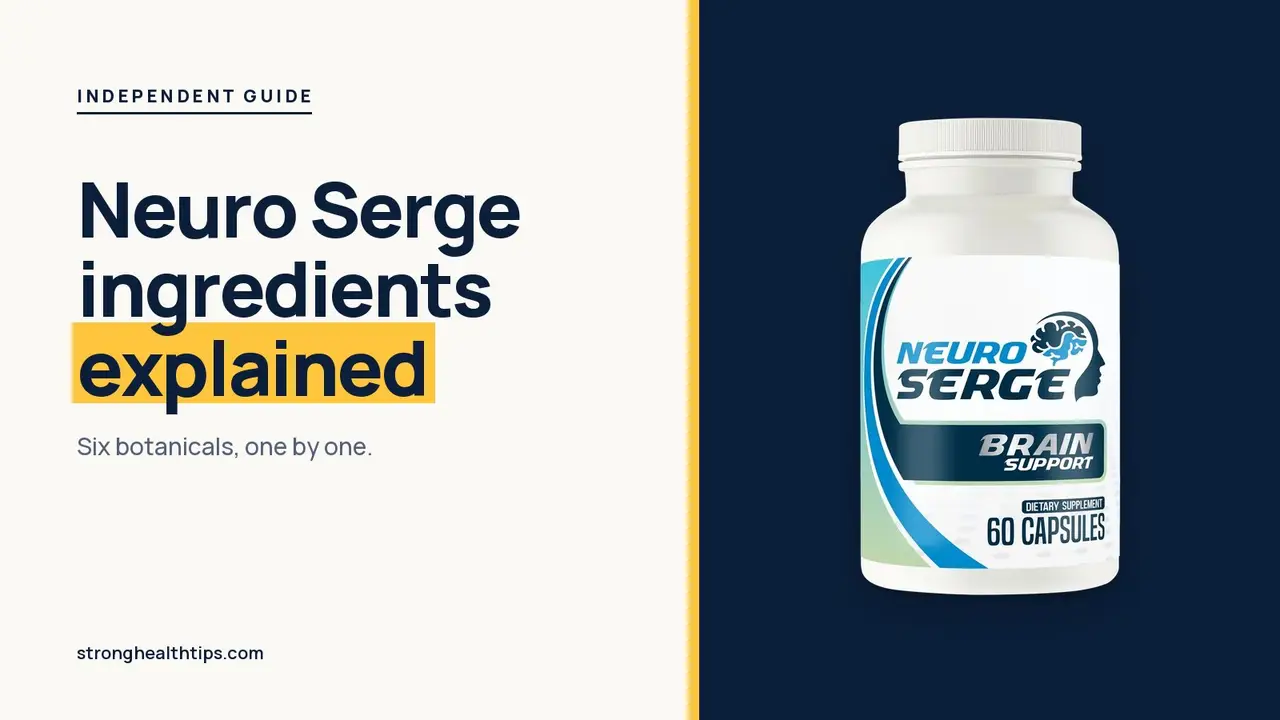 Neuro Serge ingredients explained: headline beside a Neuro Serge bottle on a navy panel with a yellow edge
