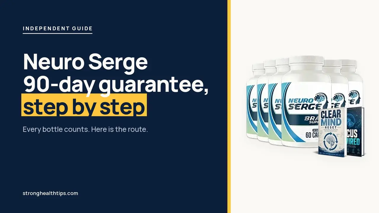 Neuro Serge money-back guarantee: headline beside the six-bottle Neuro Serge package on warm white with a yellow top bar