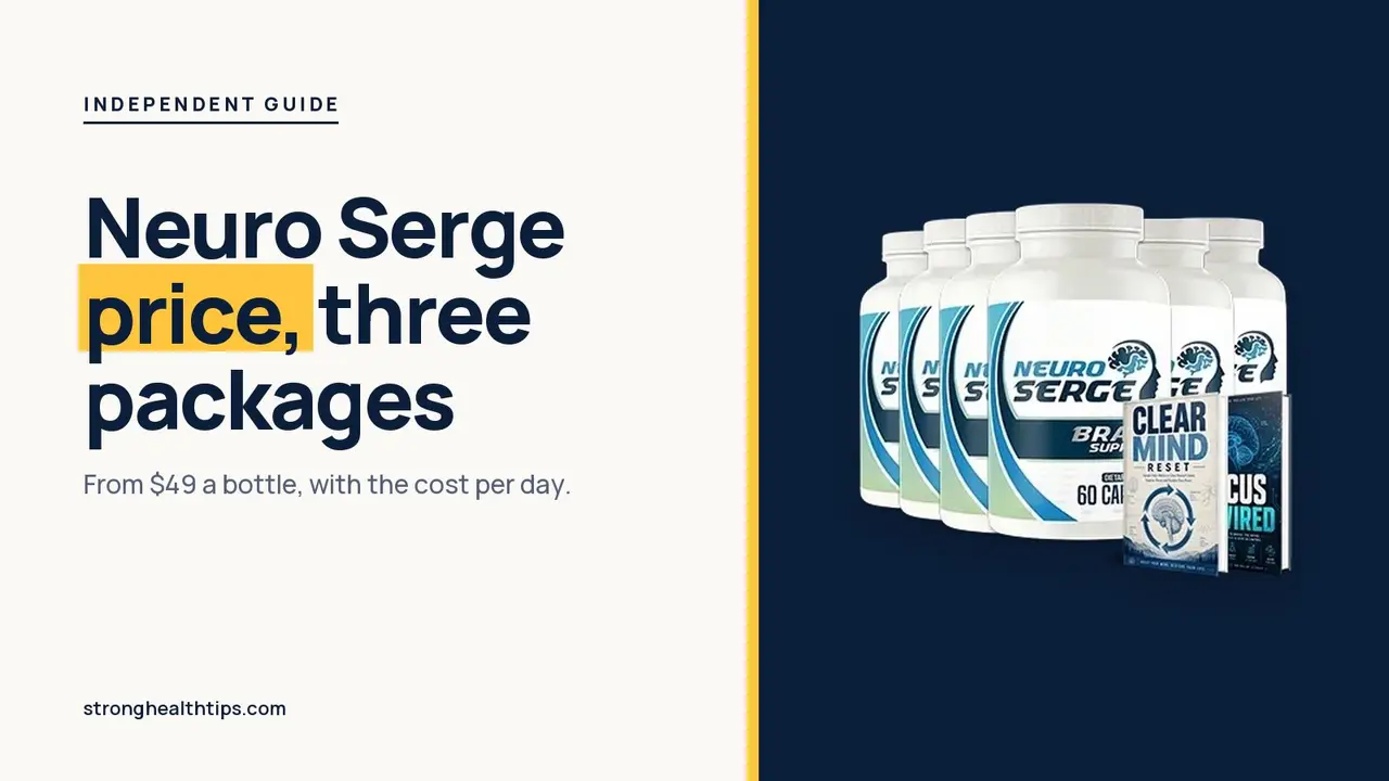 Neuro Serge price: headline beside the six-bottle Neuro Serge package priced from $49 a bottle on a navy panel