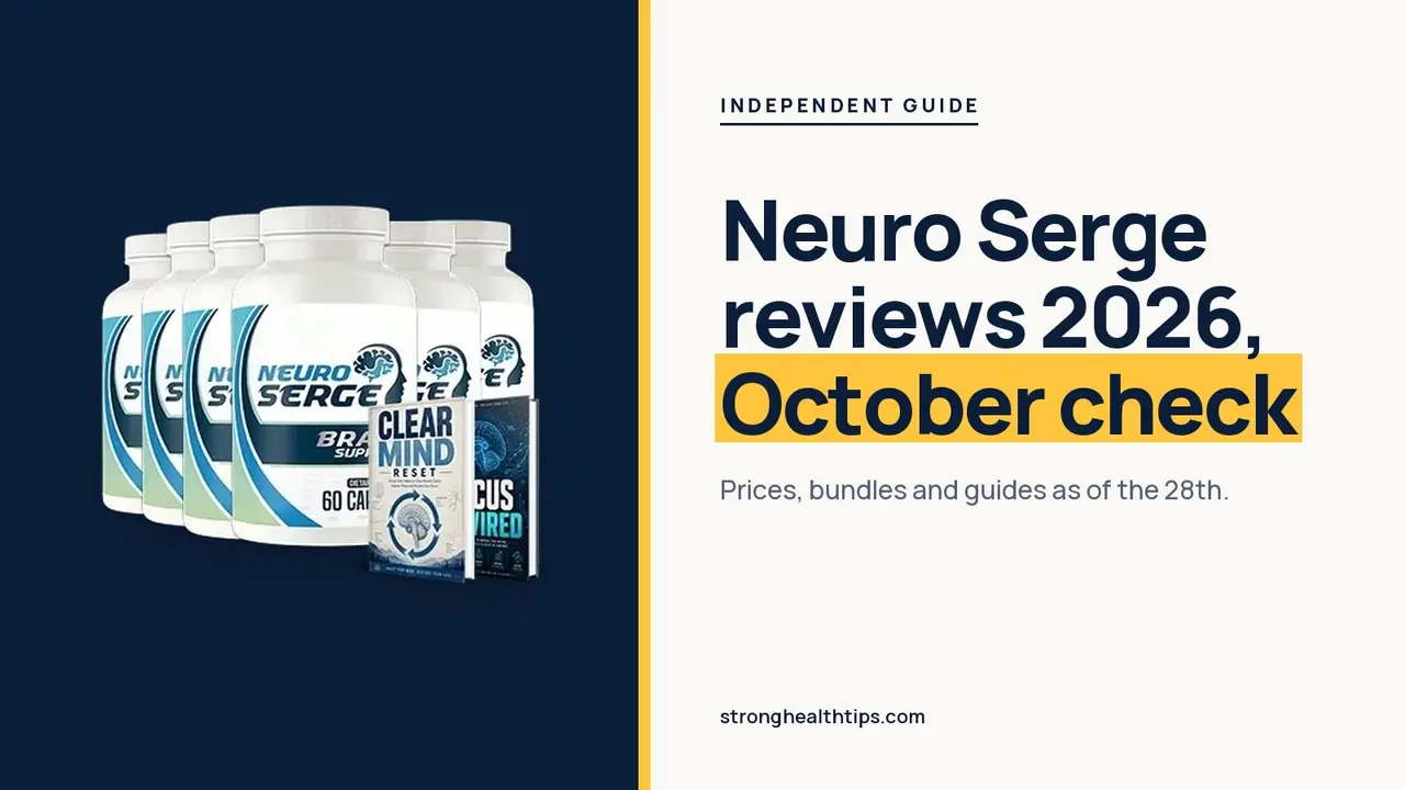 Neuro Serge reviews 2026: headline beside the six-bottle Neuro Serge package on warm white with a hairline frame