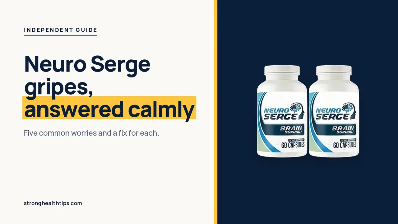 Neuro Serge reviews and complaints: headline beside the two-bottle Neuro Serge package on warm white with a hairline frame