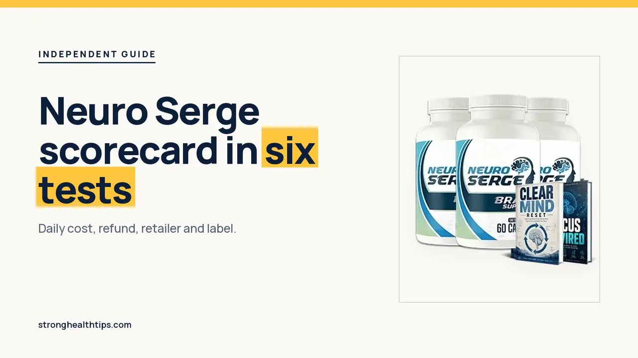 Neuro Serge reviews consumer reports style: headline beside the three-bottle Neuro Serge package on warm white