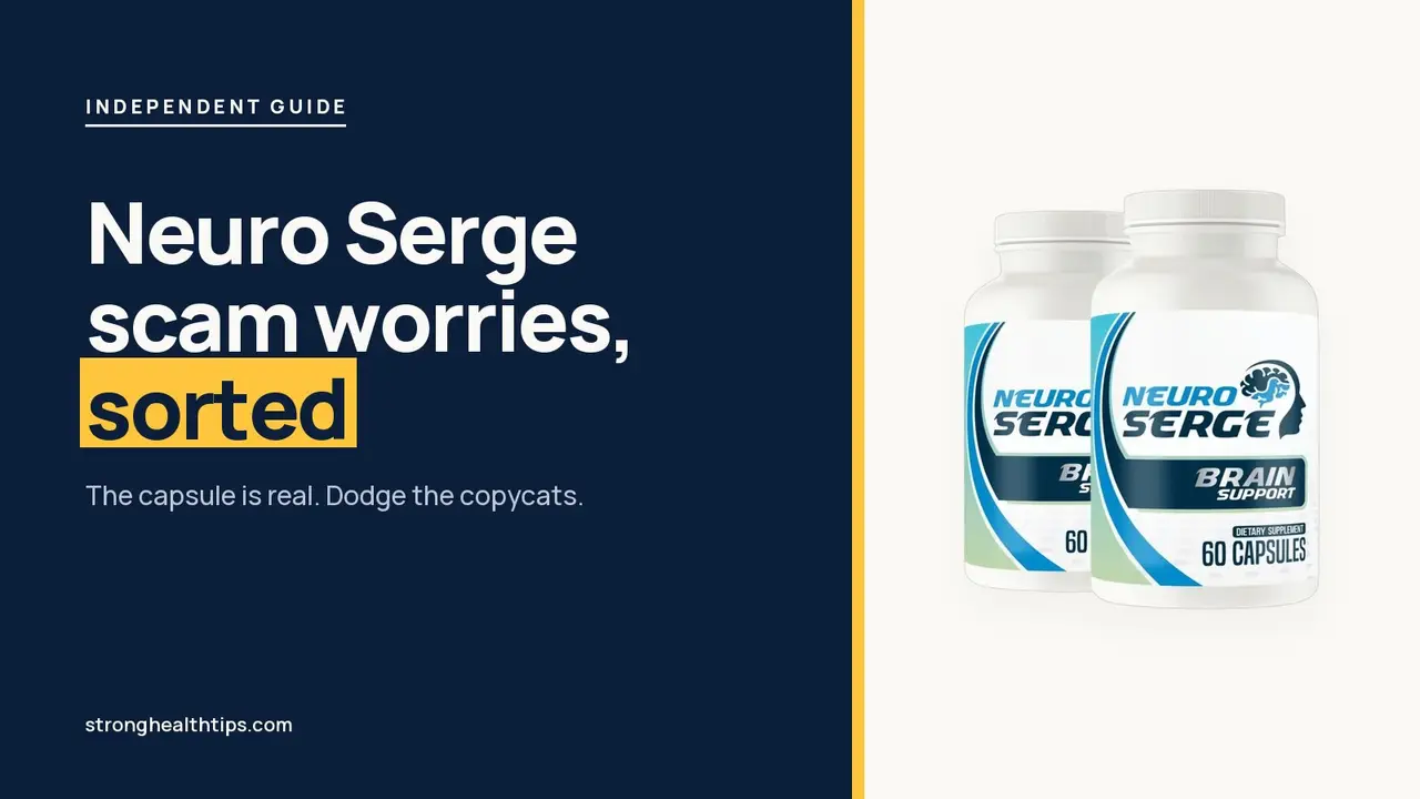 Neuro Serge scam worries: headline beside the two-bottle Neuro Serge package on a navy panel with a yellow edge