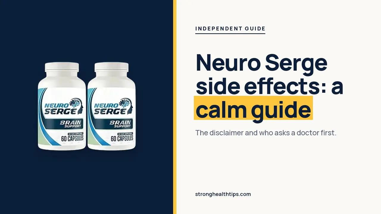 Neuro Serge side effects: headline beside the two-bottle Neuro Serge package on a navy panel with a yellow edge
