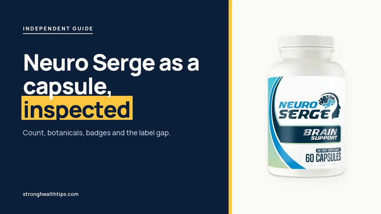 Neuro Serge supplement reviews: headline beside a Neuro Serge bottle marked 60 capsules on a navy panel