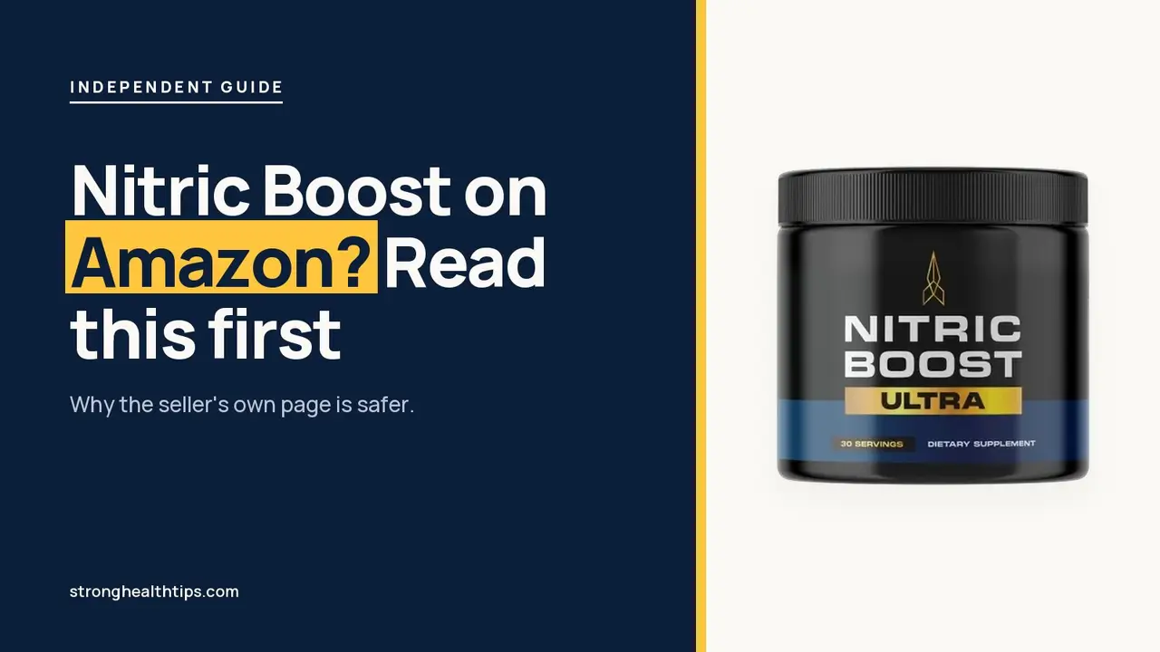 Nitric Boost Amazon question: a Nitric Boost Ultra jar beside a headline about what we found and what to do instead