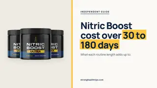 Nitric Boost cost: a Nitric Boost Ultra jar beside a headline about what 30, 90 and 180 days add up to on a navy panel