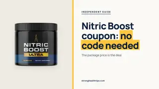 Nitric Boost coupon: a Nitric Boost Ultra jar beside a headline saying no code is needed, the package price is the deal