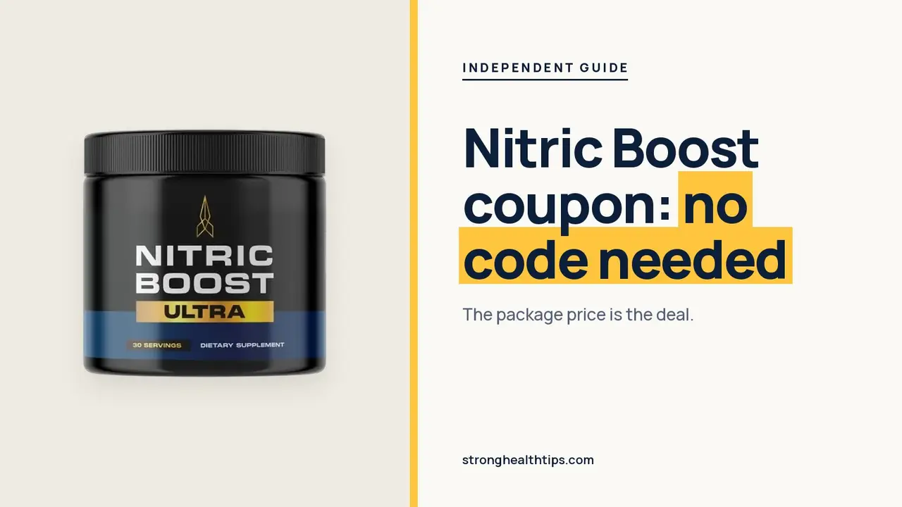 Nitric Boost coupon: a Nitric Boost Ultra jar beside a headline saying no code is needed, the package price is the deal