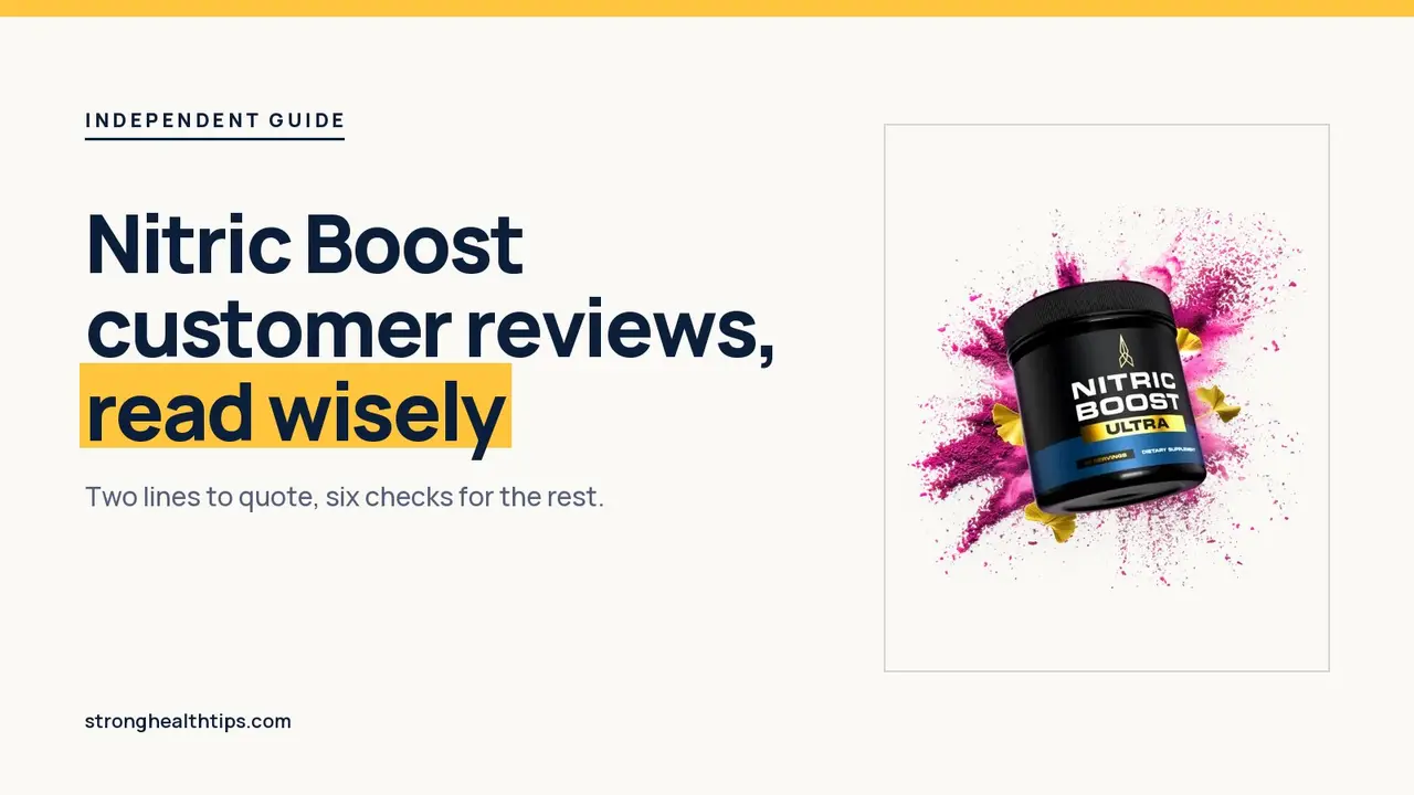Nitric Boost customer reviews: a Nitric Boost Ultra jar of powder beside a headline about reading buyer feedback wisely
