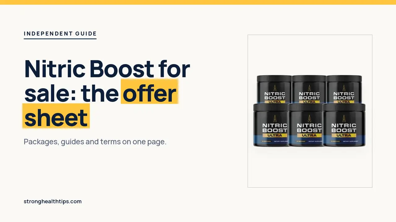 Nitric Boost for sale: three Nitric Boost Ultra packages beside an offer sheet headline on a warm white panel