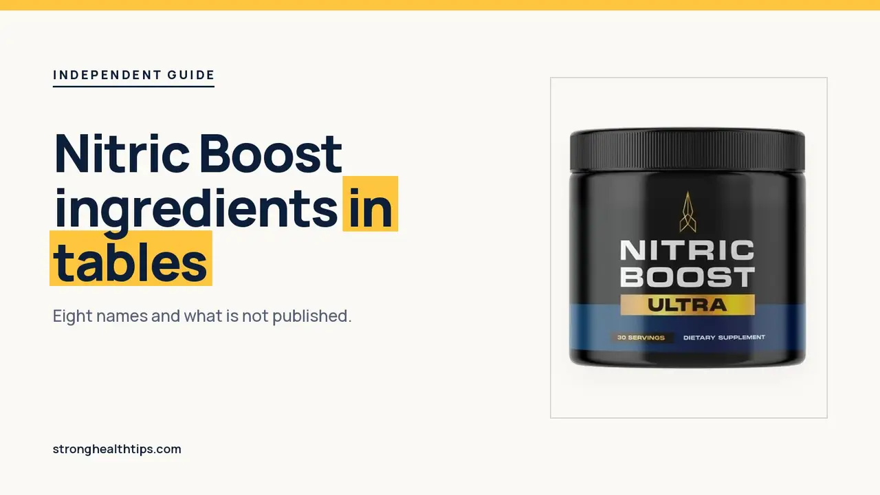 Nitric Boost ingredients list in tables: a Nitric Boost Ultra jar beside a headline about eight names on a warm white panel