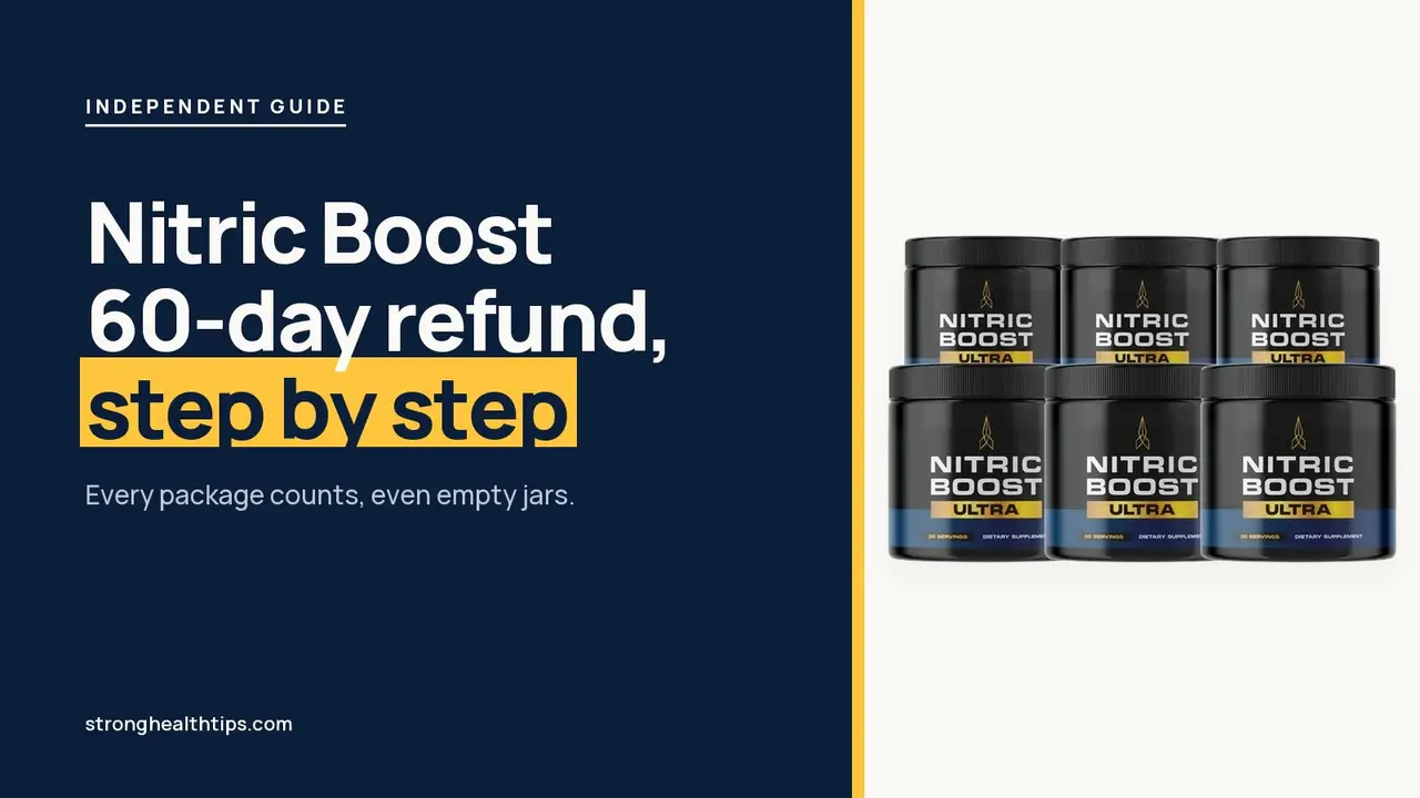 Nitric Boost money-back guarantee: a Nitric Boost Ultra jar beside a headline about the 60-day refund step by step