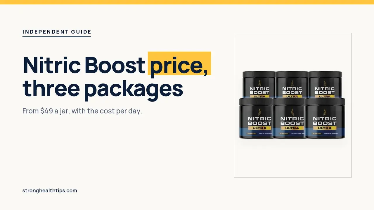 Nitric Boost price: a headline beside the six-jar Nitric Boost Ultra package with a price from $49 a jar on a navy panel
