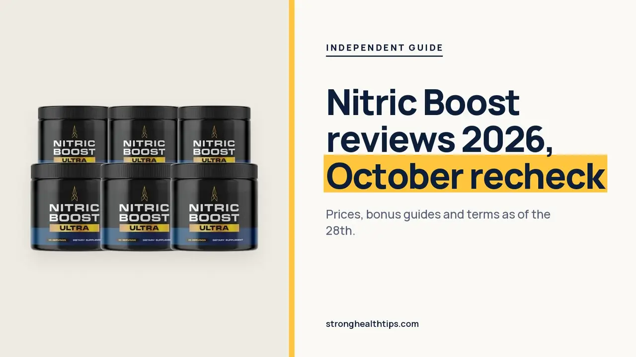 Nitric Boost reviews 2026: a Nitric Boost Ultra jar of powder on a navy panel beside an October 2026 recheck headline