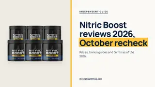 Nitric Boost reviews 2026: a Nitric Boost Ultra jar of powder on a navy panel beside an October 2026 recheck headline