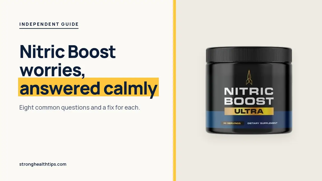 Nitric Boost reviews and complaints: a Nitric Boost Ultra jar beside a headline promising calm answers to eight worries