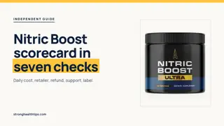 Nitric Boost reviews, consumer-style: a Nitric Boost Ultra jar beside a seven-point scorecard headline on a navy panel