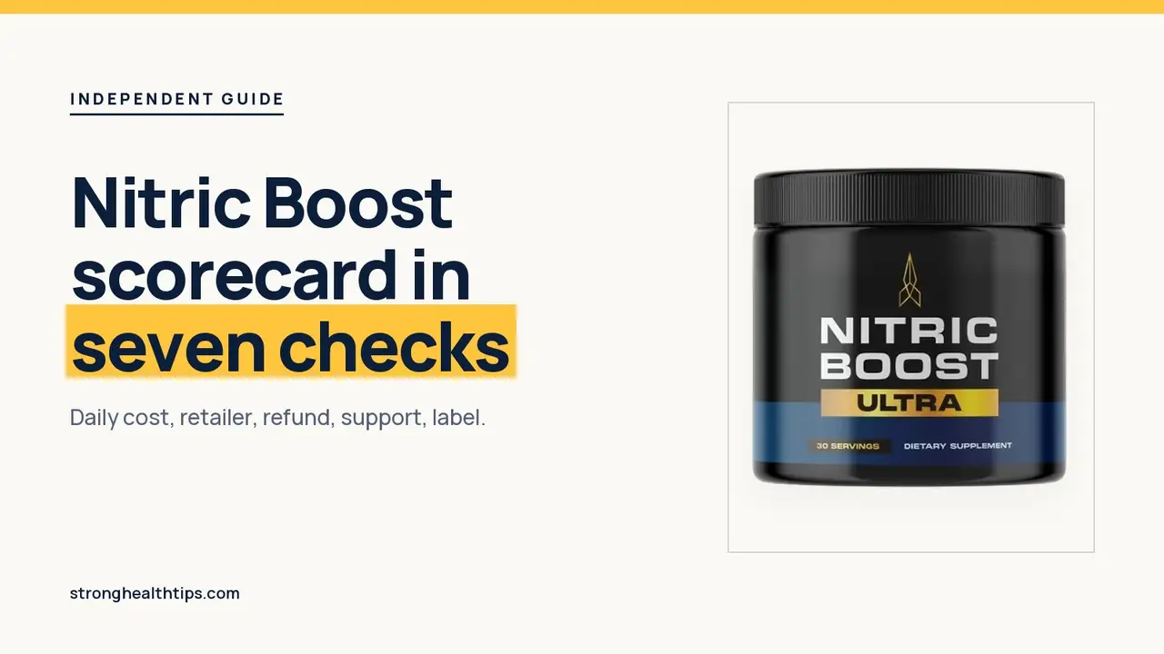 Nitric Boost reviews, consumer-style: a Nitric Boost Ultra jar beside a seven-point scorecard headline on a navy panel