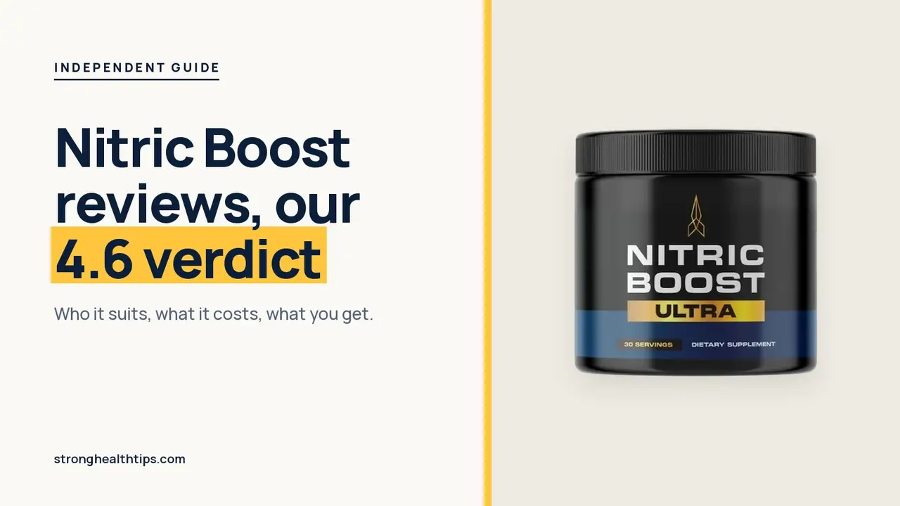 Nitric Boost reviews: a black Nitric Boost Ultra jar of daily powder beside our 4.6 out of 5 editorial score on a navy panel