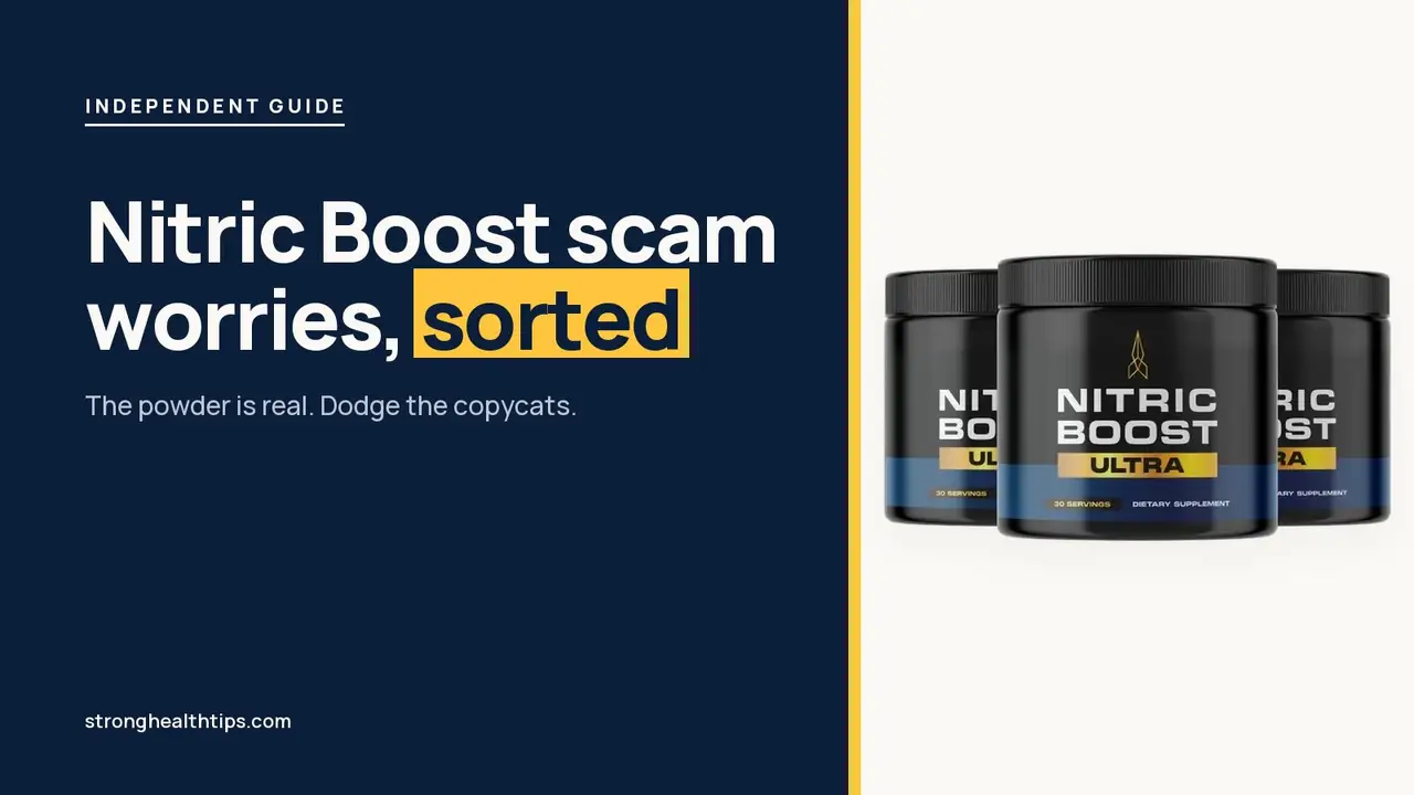 Nitric Boost scam worries: a Nitric Boost Ultra jar beside a headline about dodging copycats on a navy panel with yellow edge