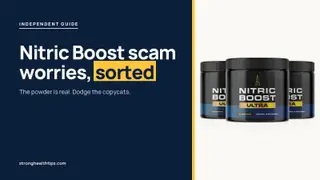 Nitric Boost scam worries: a Nitric Boost Ultra jar beside a headline about dodging copycats on a navy panel with yellow edge