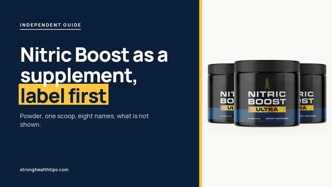 Nitric Boost supplement reviews: a black jar of Nitric Boost Ultra powder on a warm white panel with a navy headline