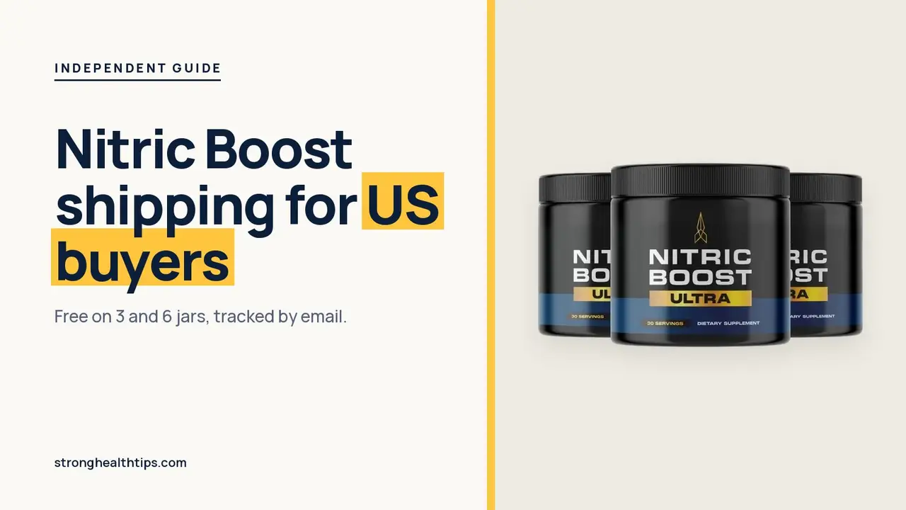 Nitric Boost USA shipping guide: a Nitric Boost Ultra jar beside a headline about shipping, delivery times and returns