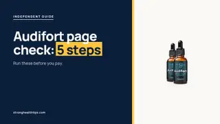 Official Audifort site check: headline beside the Audifort dropper bottle on a navy panel with a yellow edge