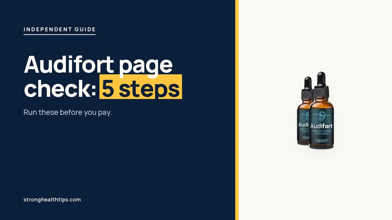 Official Audifort site check: headline beside the Audifort dropper bottle on a navy panel with a yellow edge