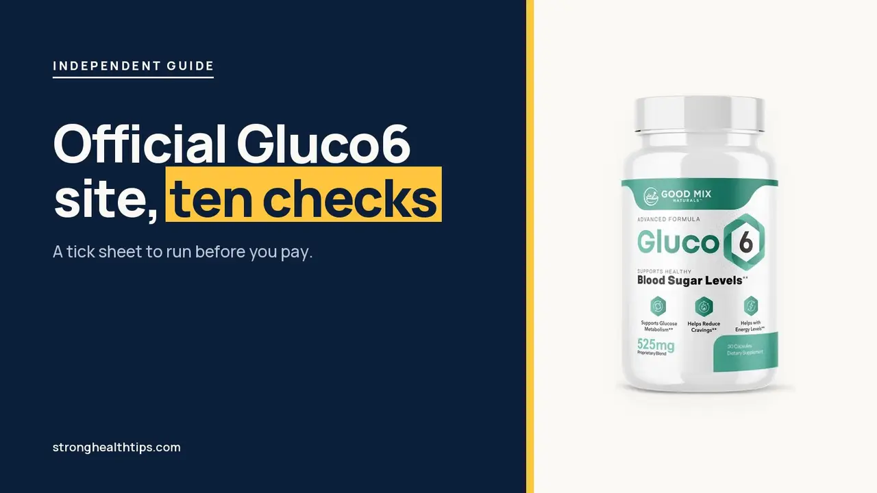 Official Gluco6 site: headline beside the Gluco6 bottle on warm white with a hairline frame