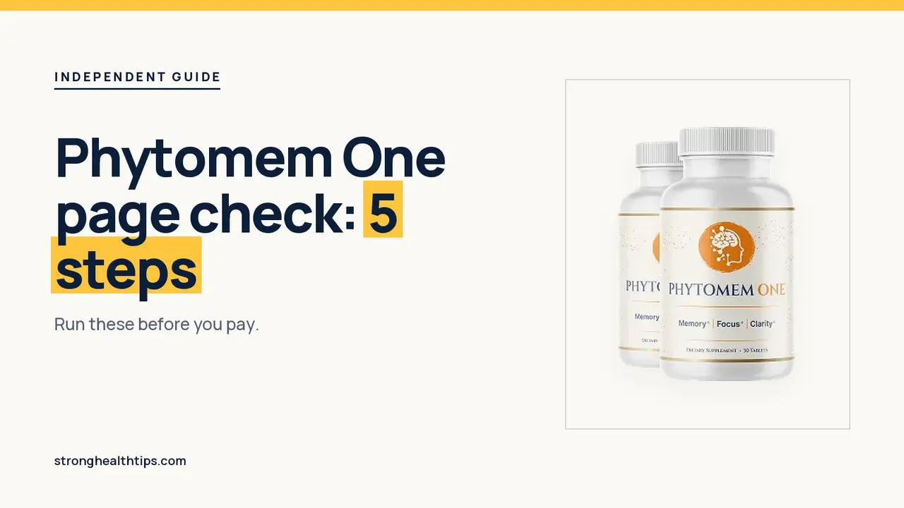 Official Phytomem One site check: five-step headline beside the two-bottle Phytomem One package photo on navy