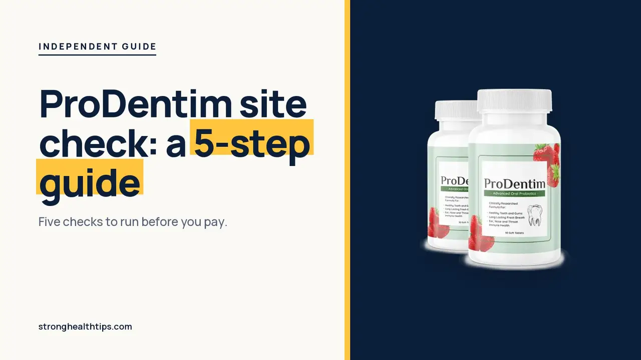 Official ProDentim site check guide: five-step headline beside a two-bottle ProDentim package photo on a navy panel