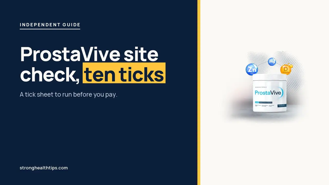 Official ProstaVive site checklist: headline beside a ProstaVive tub on a navy panel with a yellow edge