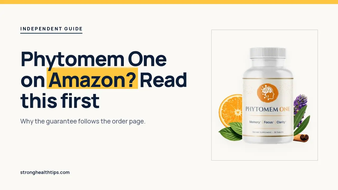 Phytomem One Amazon: headline beside the Phytomem One bottle on a navy panel with a yellow edge