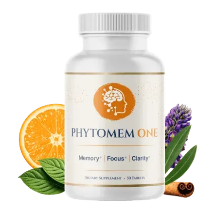Phytomem One bottle with orange, lavender and cinnamon, labeled Memory, Focus, Clarity, 30 tablets