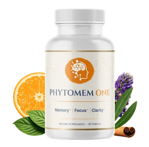Phytomem One bottle with orange, lavender and cinnamon, labeled Memory, Focus, Clarity, 30 tablets