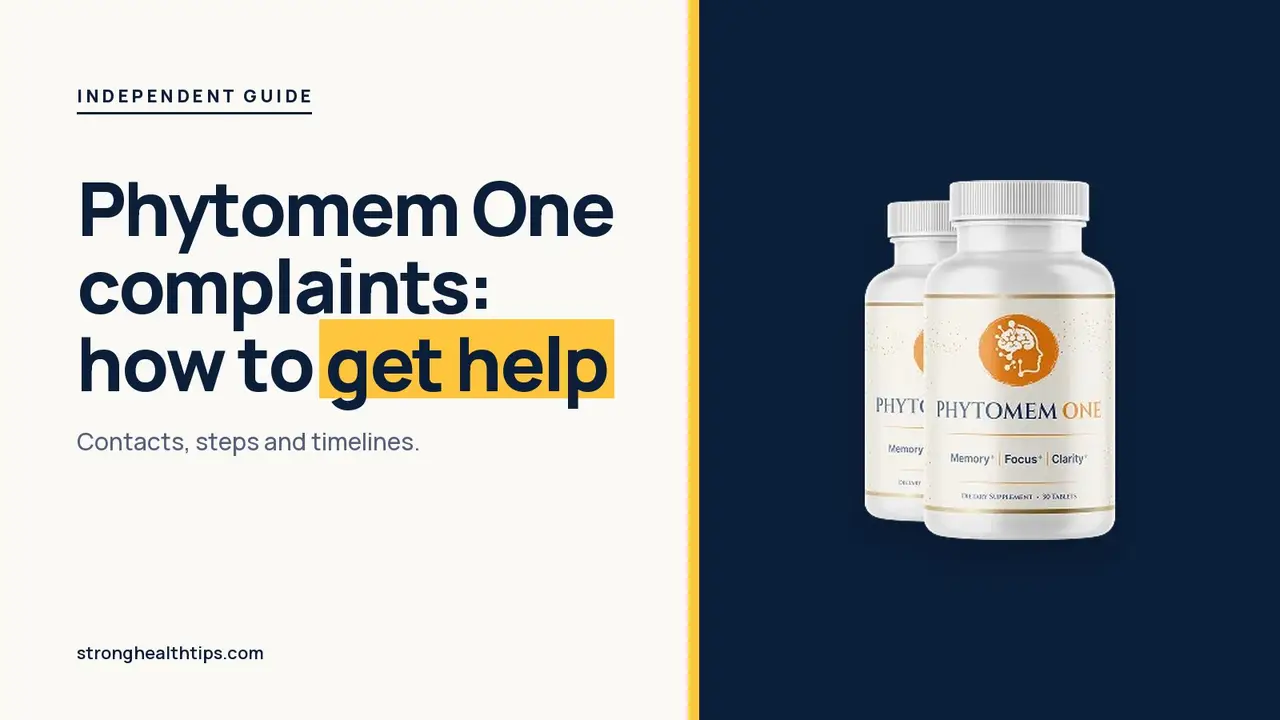 Phytomem One complaints: how to get help headline beside the three-bottle Phytomem One package on a navy panel