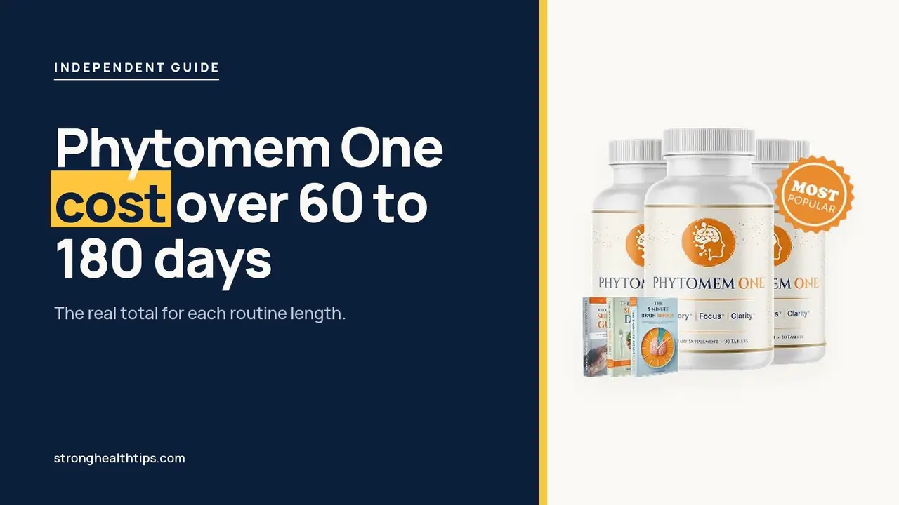 Phytomem One cost: headline beside the three-bottle Phytomem One package photo on a navy panel with a yellow edge