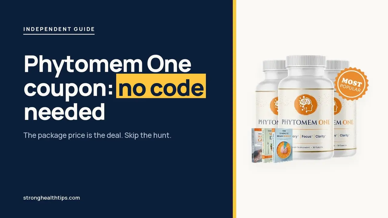 Phytomem One coupon: no code needed headline beside the three-bottle Phytomem One package on a navy panel