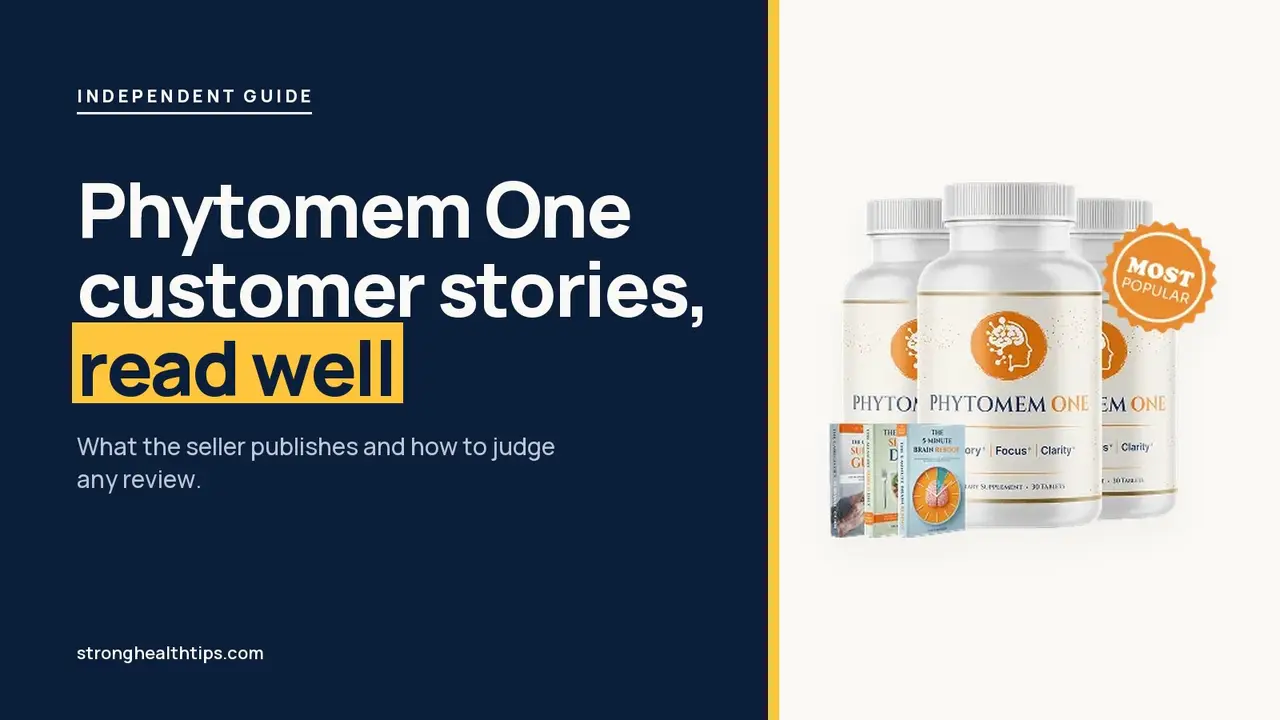 Phytomem One customer reviews: headline beside the three-bottle Phytomem One package photo on a navy panel