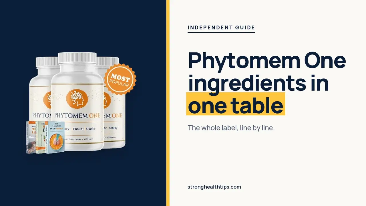 Phytomem One ingredients list in one table: headline beside the three-bottle Phytomem One package on a navy panel