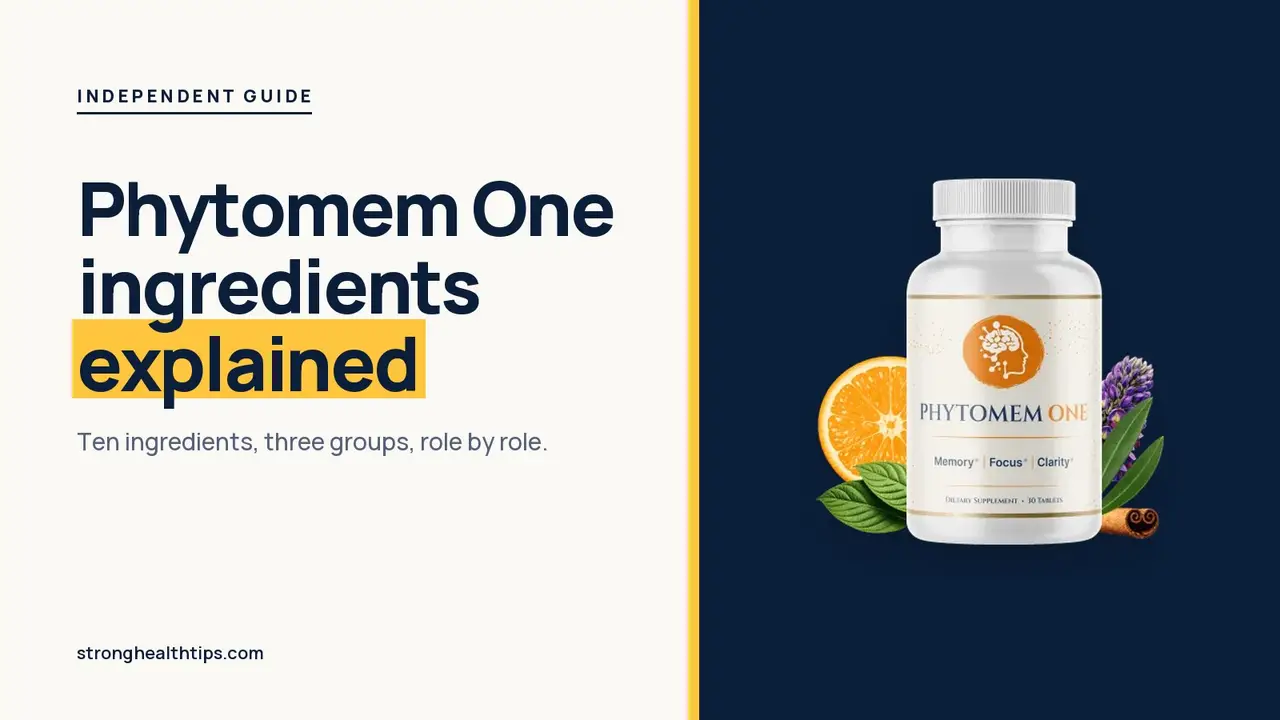 Phytomem One ingredients explained: headline beside the Phytomem One bottle on a navy panel with a yellow edge