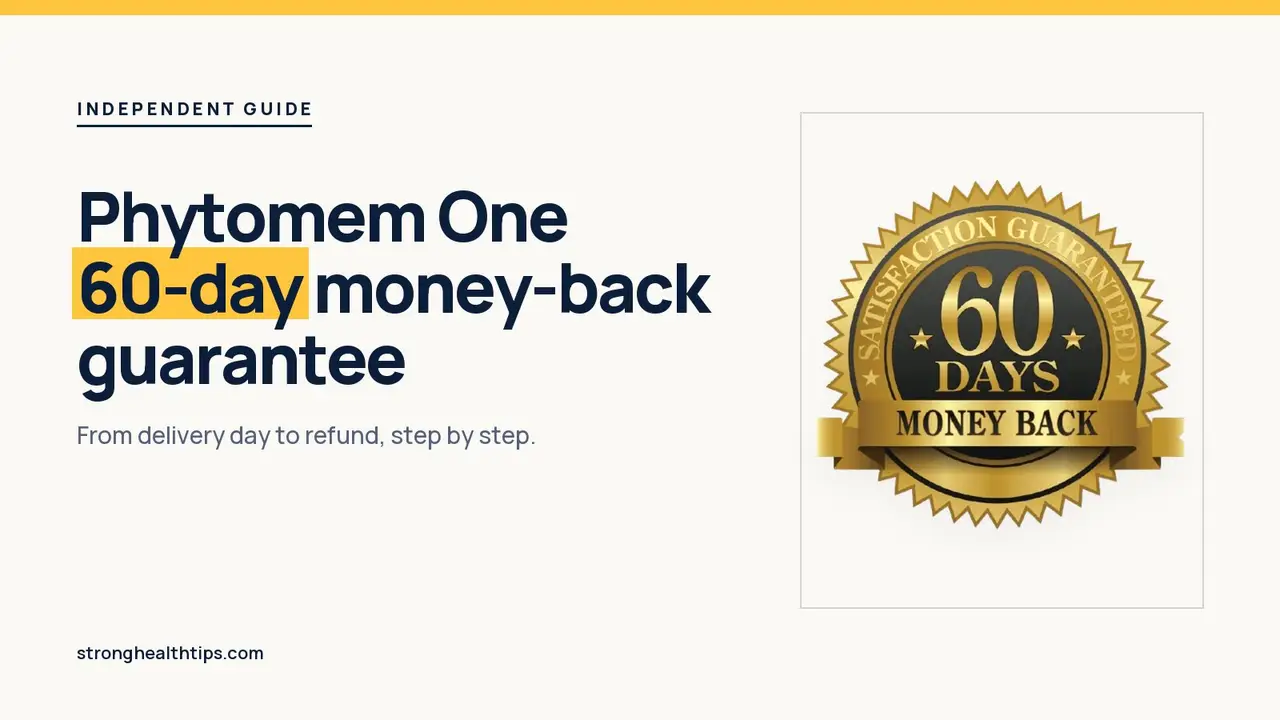Phytomem One money back guarantee: headline beside the 60-day guarantee seal on a navy panel with a yellow edge