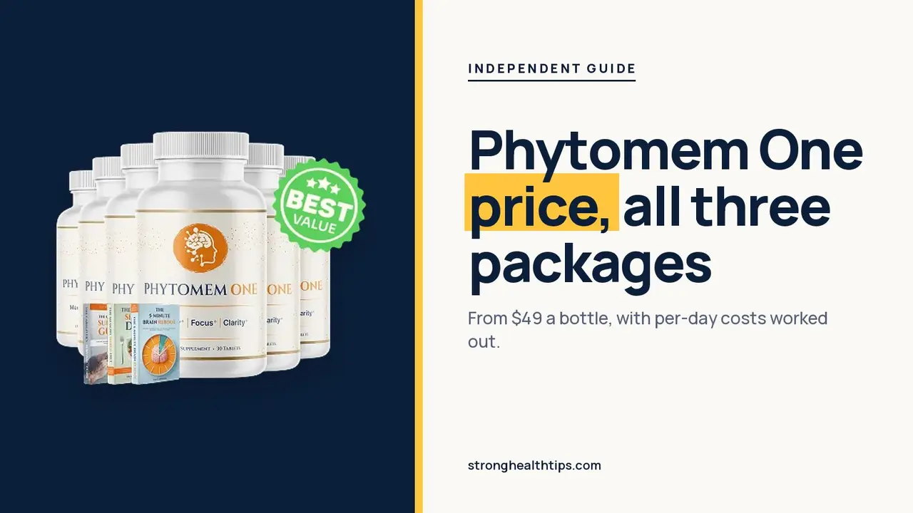 Phytomem One price: headline beside the six-bottle Phytomem One package photo with a best value badge on navy